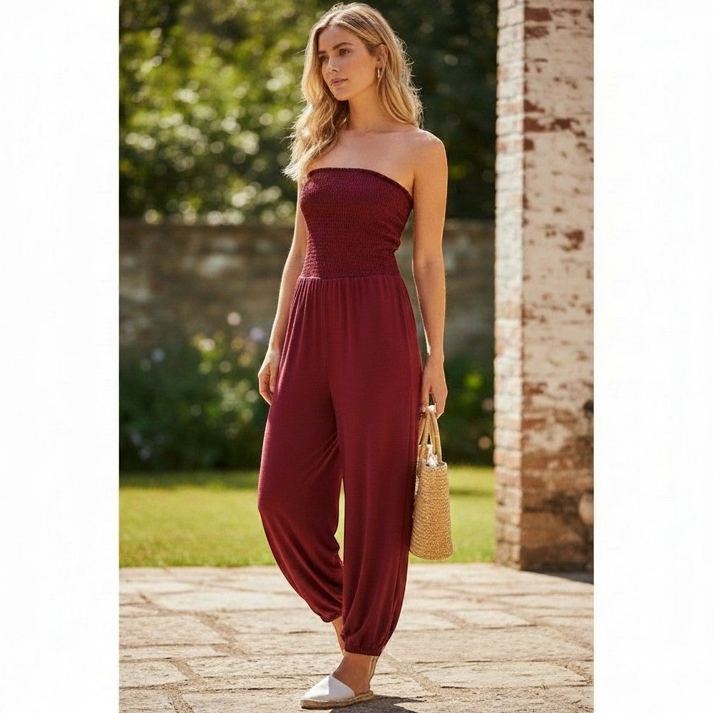 SHEIN Curve Jumpsuit Women 1XL Burgundy Smocked Tie Back Strapless Romper